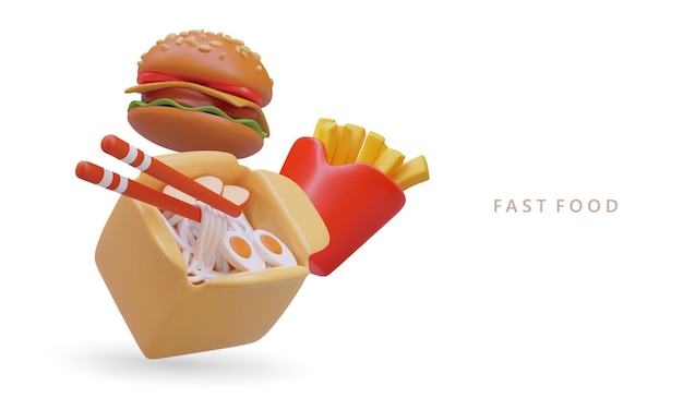 Affiche réaliste 3D avec boîte chinoise avec nouilles et œufs savoureux hamburger et sac de frites