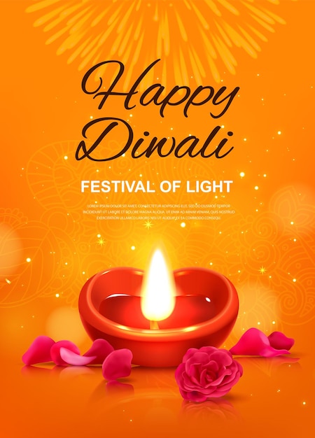 Affiche Réaliste De Diwali Avec Lampe Traditionnelle Et Illustration Vectorielle De Fleurs