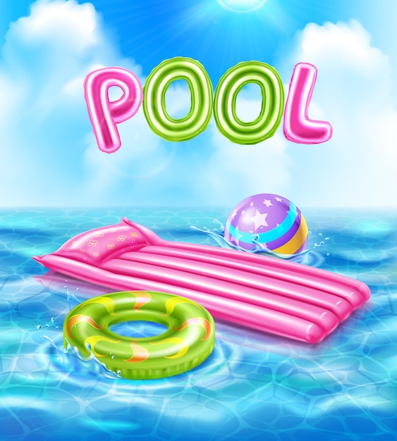 Vecteur affiche réaliste de piscine avec accessoires gonflables pour illustration de natation
