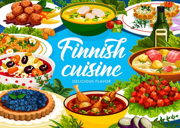 Vecteur affiche de repas de cuisine finlandaise, menu de plats de nourriture