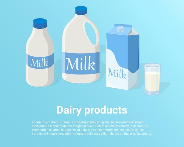 Une Affiche Représentant Des Produits Laitiers Du Lait Frais Dans Des Sacs Et Des Bouteilles Et Un Grand Verre De Lait