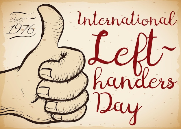 Vecteur affiche rétro dans un style dessiné à la main avec un design de la main gauche faisant un geste du pouce vers le haut pour la journée des gauchers