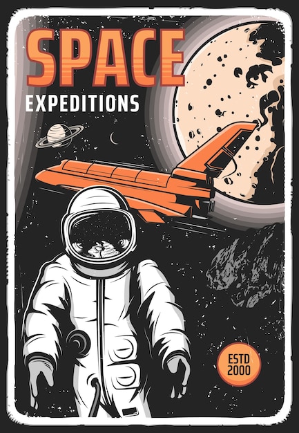 Affiche Rétro De L'expédition Spatiale Avec L'astronaute Dans Le Cosmos Extérieur, La Navette Et Les Planètes.