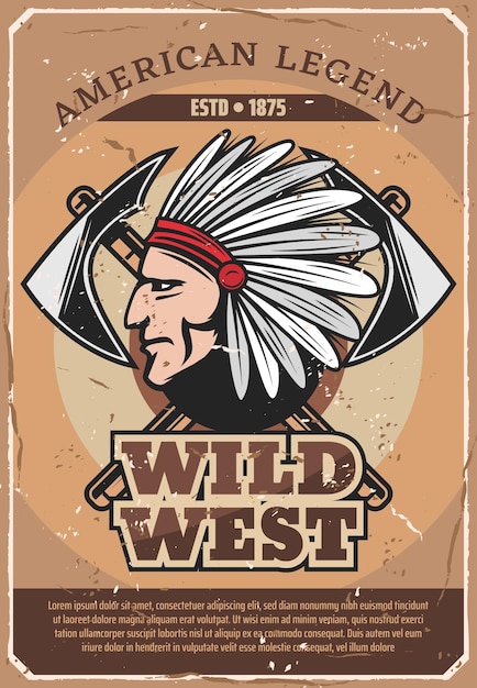 Vecteur affiche rétro de l'homme indien du far west américain