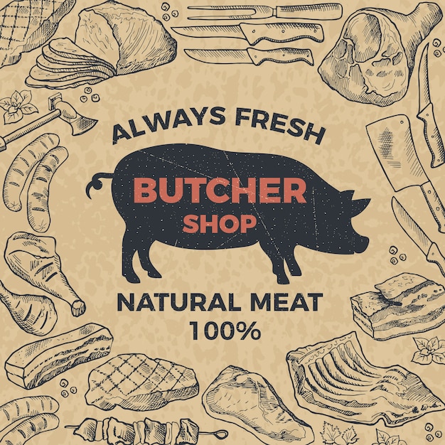 Affiche Rétro Pour Boucherie. Illustration Dessinée à La Main. Boucherie Et Marché Avec Viande Naturelle