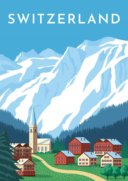Vecteur affiche rétro de voyage suisse, alpes vintage.