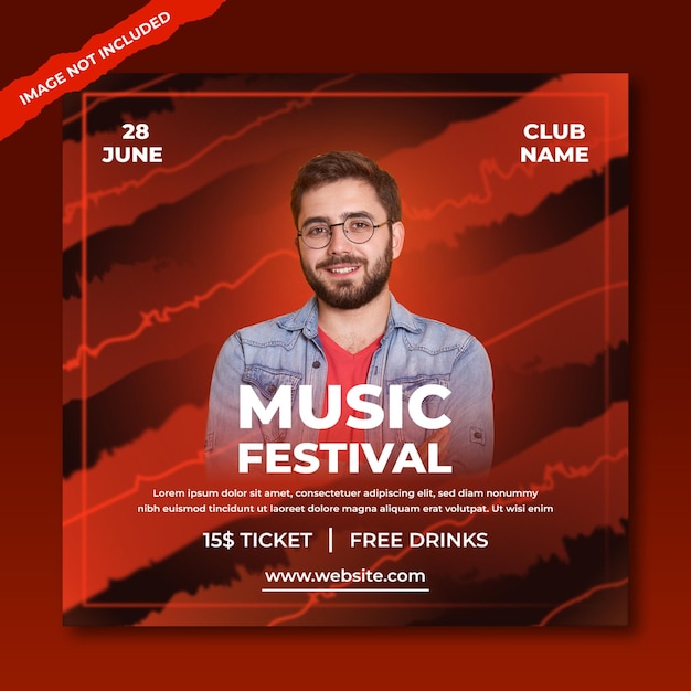 Vecteur une affiche rouge pour un festival de musique avec un homme en chemise rouge.