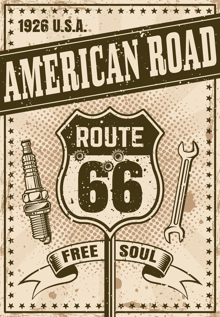Affiche de la route 66 dans un style vintage avec titre American Road