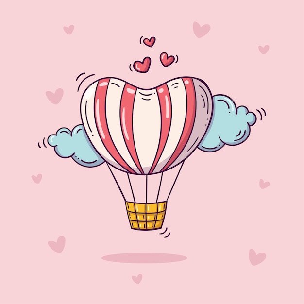 Affiche De La Saint-valentin Avec Ballon à Air Chaud Dans Le Ciel Avec Des Nuages Et Des Oiseaux