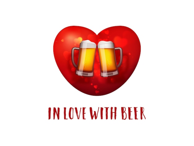 Vecteur affiche de la saint-valentin à la bière deux chopes à bière artisanales sur un fond de coeur rouge en amour avec le slogan de la bière