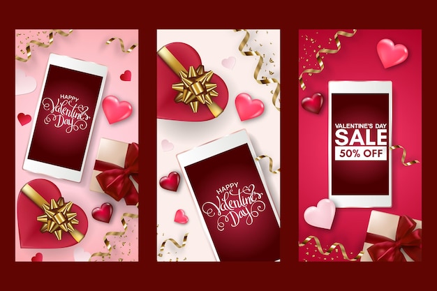 Affiche De La Saint-valentin Sertie De Smartphone, Boîte-cadeau, Coeurs Et Arcs.