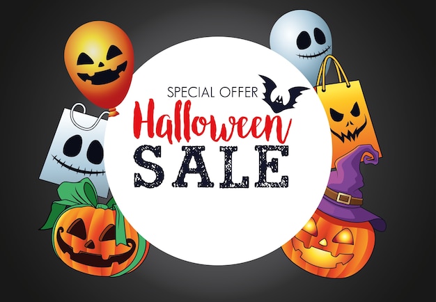 Affiche Saisonnière De Vente Halloween Avec Cadre Circulaire Et éléments De Jeu