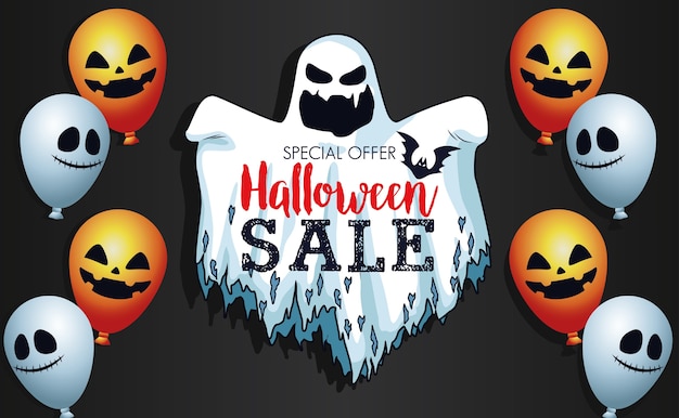 Affiche saisonnière de vente Halloween avec fantôme et ballons hélium