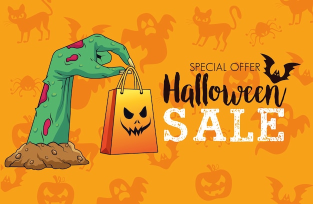 Affiche Saisonnière De Vente D'halloween Avec Sac à Provisions De Levage De Main De Mort