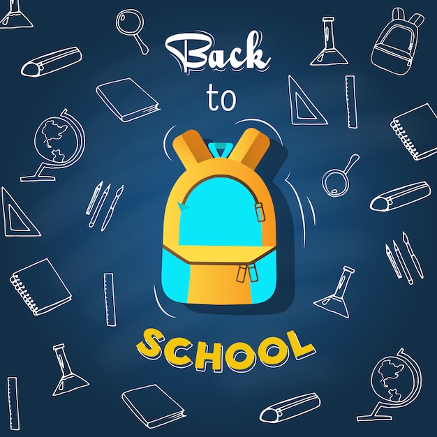 Affiche scolaire avec sac à dos entouré d'icônes d'étude. Esquisser. Citation à la mode écrite à la main 'Bienvenue à l'école
