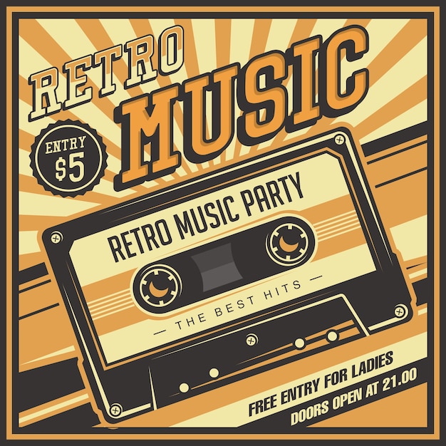 Vecteur affiche de signage vintage de cassette de retro music compact