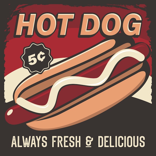 Vecteur affiche de signalisation de hot-dog rétro vecteur rustique
