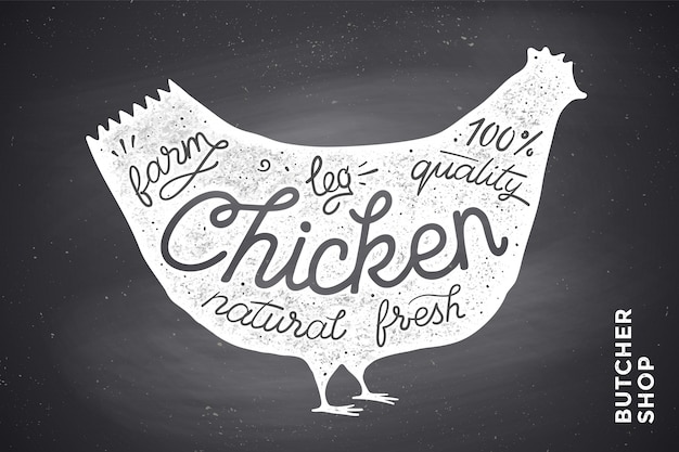 Vecteur affiche avec silhouette de poulet rouge. caractères