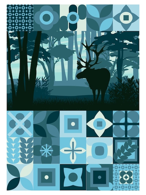 Affiche Avec Une Silhouette D'un Renne Aux Gros Bois Dans La Forêt Et Un Motif Néo-géométrique