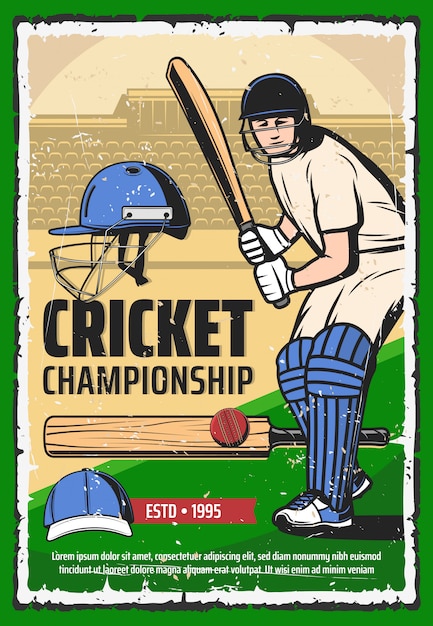 Affiche De Sport De Jeu De Cricket, Joueur Avec Batte