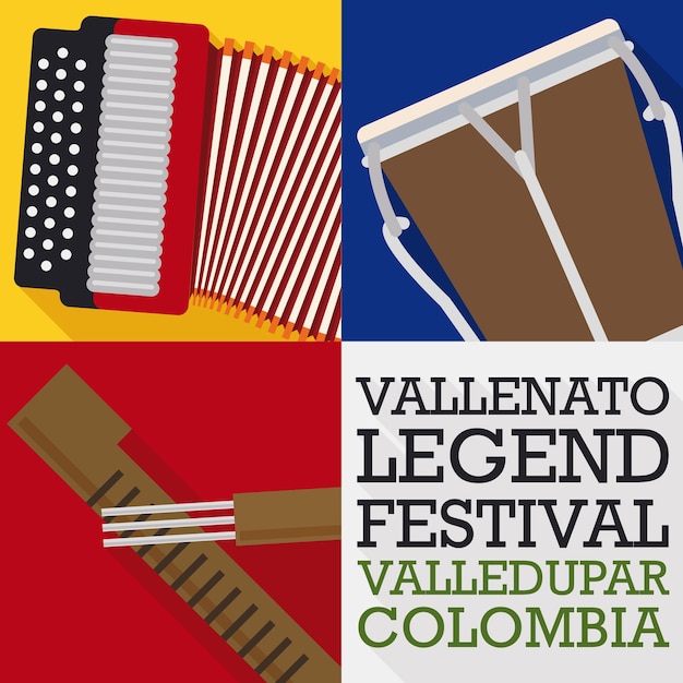 Vecteur affiche en style plat pour commémorer le festival de la légende de vallenato avec des instruments de musique traditionnels