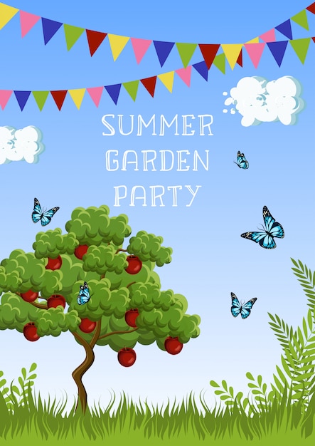 Affiche Summer Garden Party Avec Pommier, Herbe, Papillons, Nuages, Ciel, Drapeaux Et Texte.