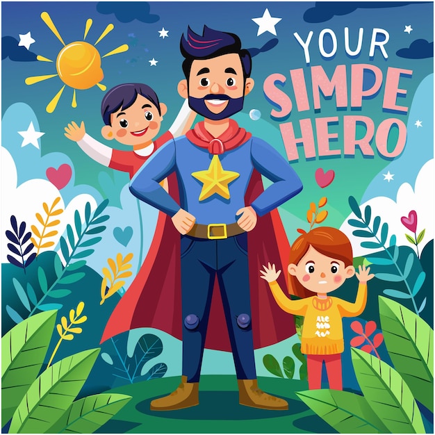 une affiche d'un super-héros avec un homme et deux enfants