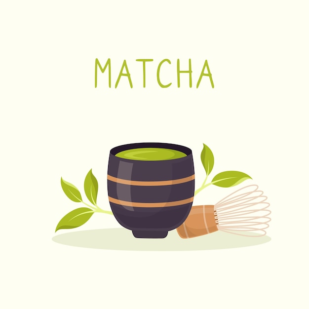 Vecteur affiche de thé matcha set de feuilles de thé traditionnelles en forme de tasse à fouet