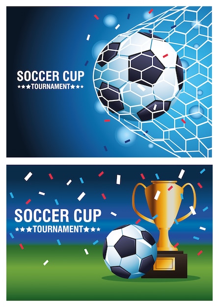 Vecteur affiche de tournoi de coupe de football avec trophée et ballons vector illustration design