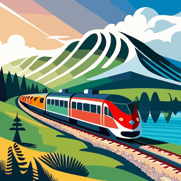 Vecteur une affiche d'un train sur un paysage de montagne.