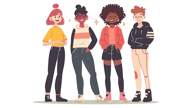 une affiche de trois filles avec un pull jaune et un pantalon noir