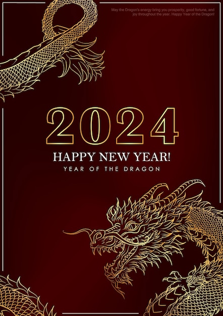 Vecteur affiche de vacances avec dragon asiatique doré dessiné à la main pour carte de noël de luxe du nouvel an chinois 2024