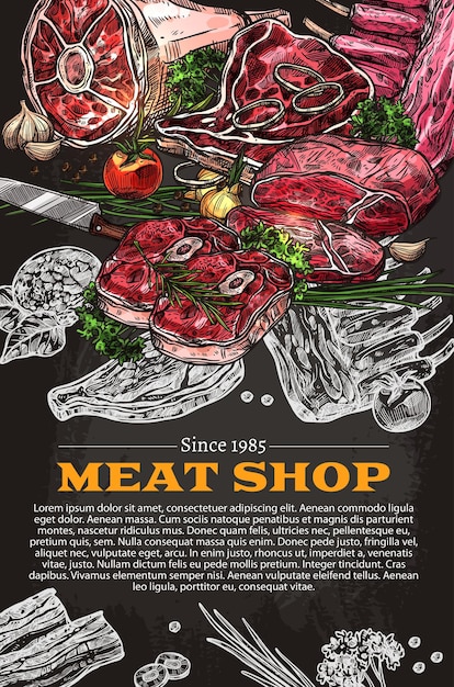 Vecteur affiche de vecteur de croquis de produit de viande de boucherie