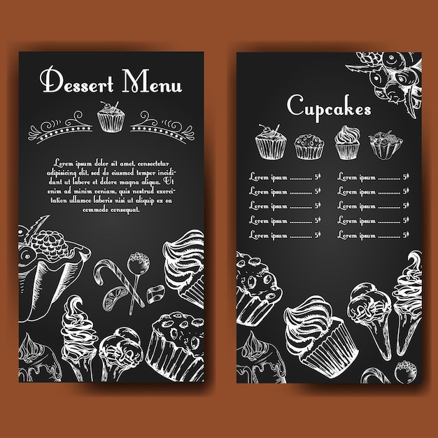 Vecteur affiche de vecteur avec des desserts dessinés à la main nourriture délicieuse fond décoratif belle carte