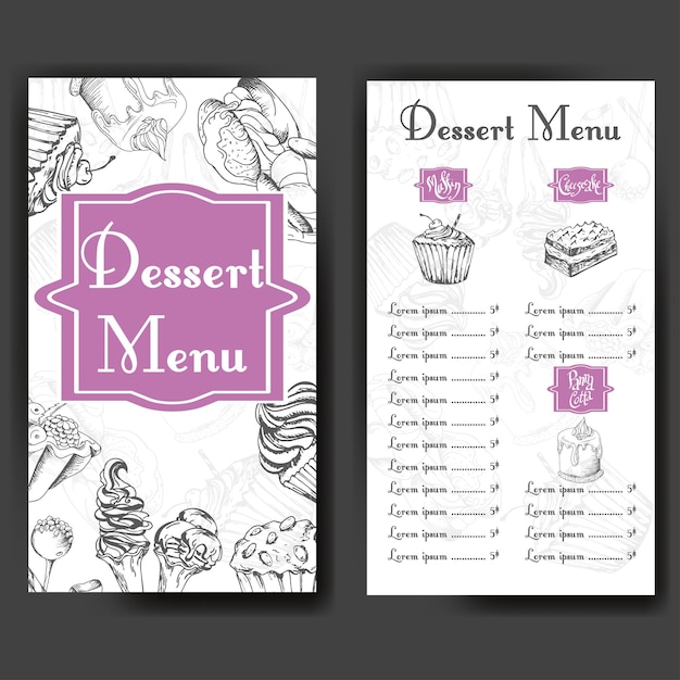 Vecteur affiche de vecteur avec des desserts dessinés à la main nourriture délicieuse fond décoratif belle carte