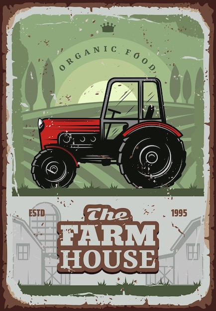 Affiche De Vecteur De Maison De Ferme Avec Tracteur Agricole