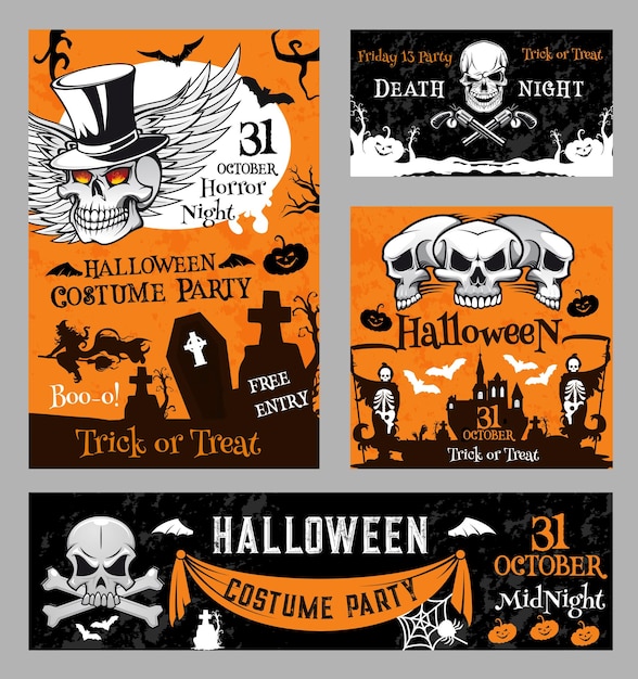 Affiche de vecteur de nuit Halloween sorcière crâne citrouille