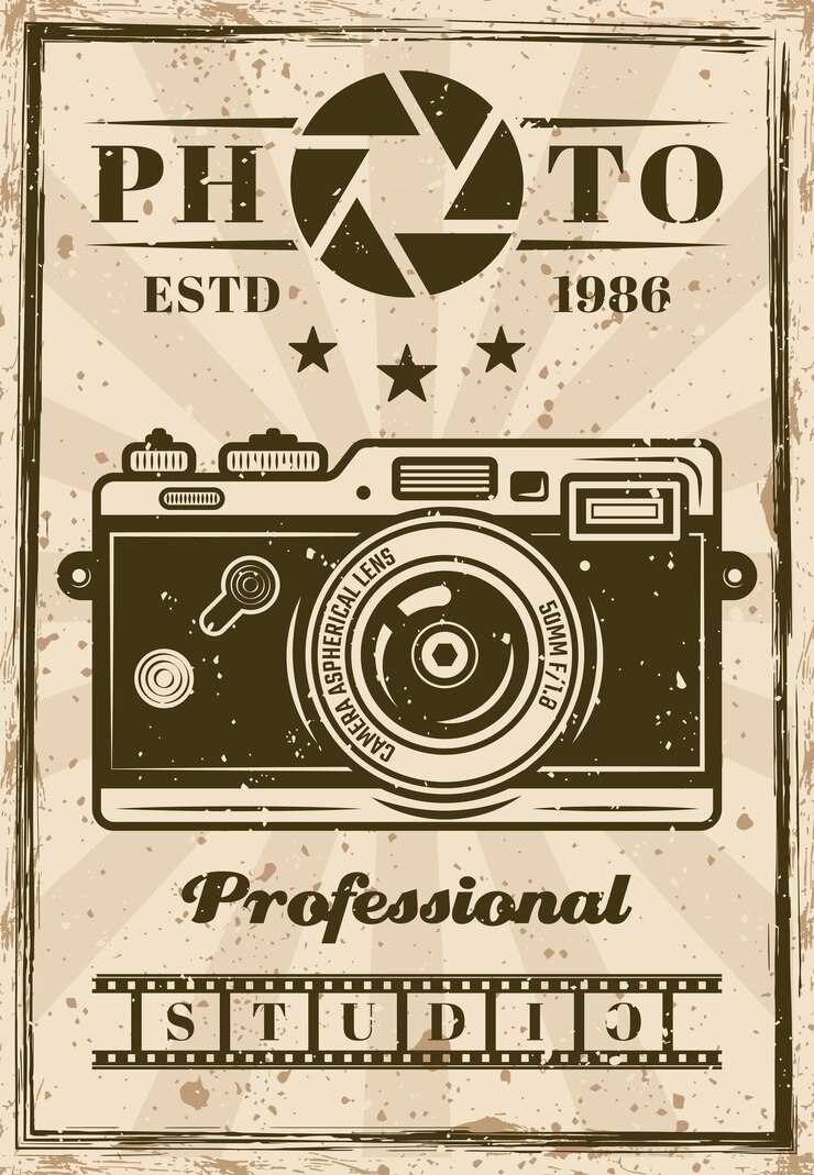 Affiche de vecteur de studio photo professionnel avec appareil photo vintage. Texture et texte grunge en couches et séparés
