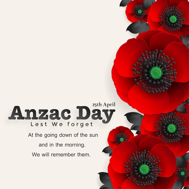 Affiche vectorielle Anzac Day. Ne l'oublions pas. avec une belle fleur de pavot rouge sur fond de couleur papier.