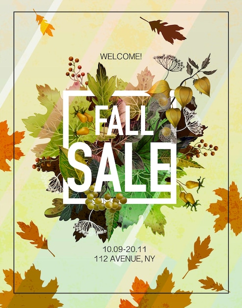 Vecteur affiche vente d'automne avec des feuilles et des baies
