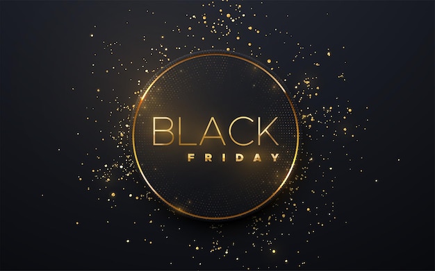 Affiche De Vente Black Friday Forme De Papier Cercle Noir Texturé Avec Des Paillettes Dorées