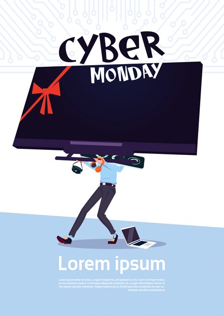 Vecteur affiche de vente de cyber monday avec un homme tenant un grand téléviseur à écran plasma sur fond blanc, bannière