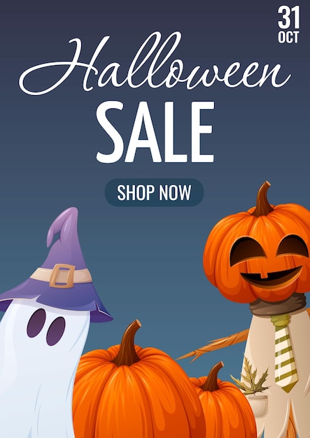 Affiche de vente d'Halloween. Citrouilles, fantôme en chapeau de sorcellerie et épouvantail. Illustration vectorielle.