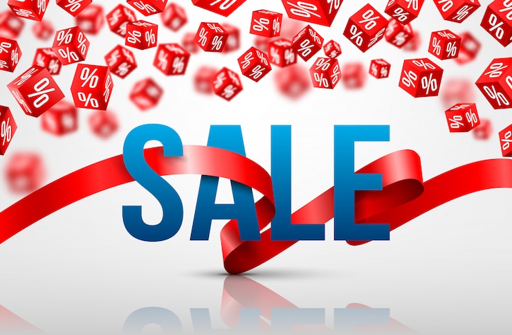 Vecteur affiche de vente avec ruban rouge et vente de pourcentage de réduction de vente de cube rouge