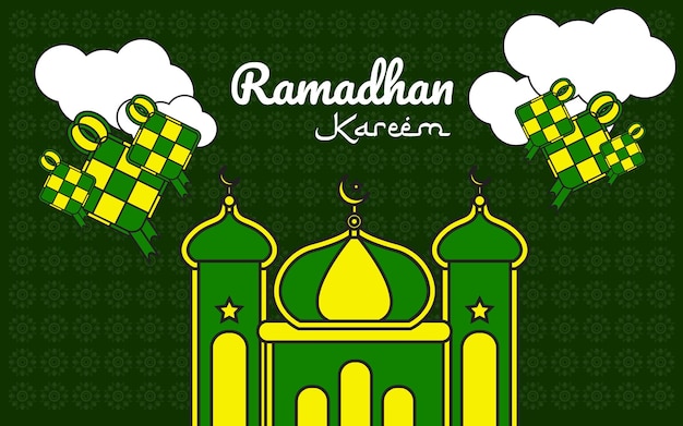 Une affiche verte et jaune pour le ramadan kareem avec un fond vert.