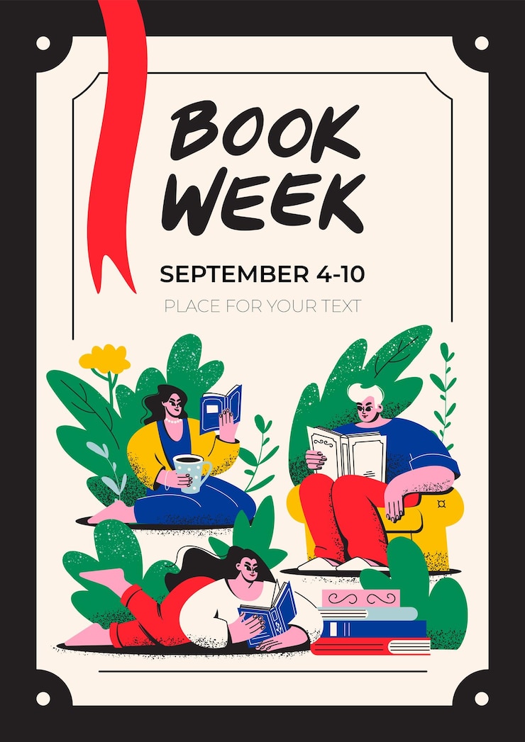 Vecteur affiche verticale du festival du livre un homme et des femmes lisent des livres librairie de la bibliothèque