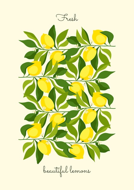 Affiche Verticale Avec Illustration De Citrons Vivants Avec Des Agrumes Citrons Jaunes Stylisés Sur Les Branches