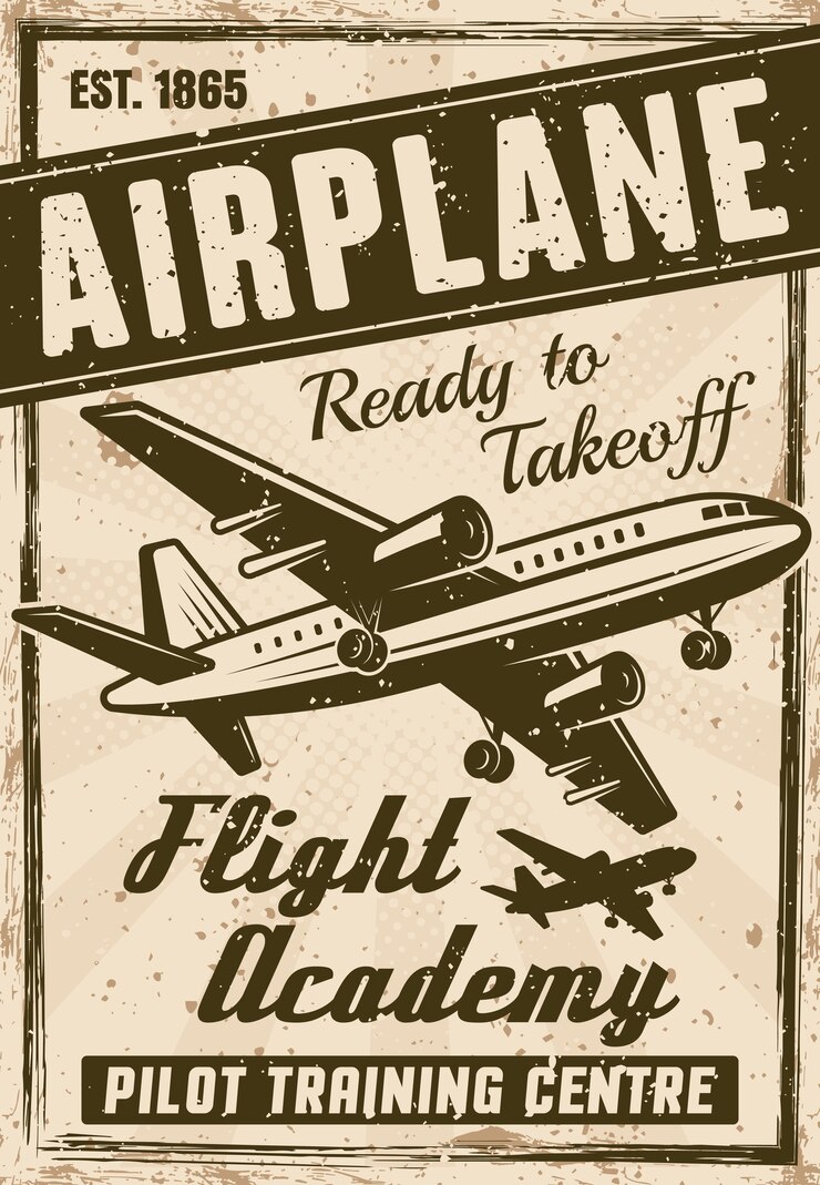Affiche vintage de l'académie de vol pour institution publicitaire, illustration en couches avec avion, titre, exemple de texte et textures grunge