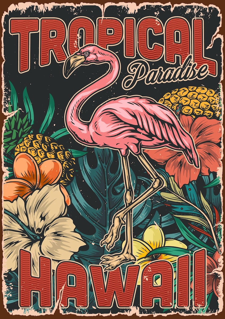 Vecteur affiche vintage colorée tropicale hawaïenne