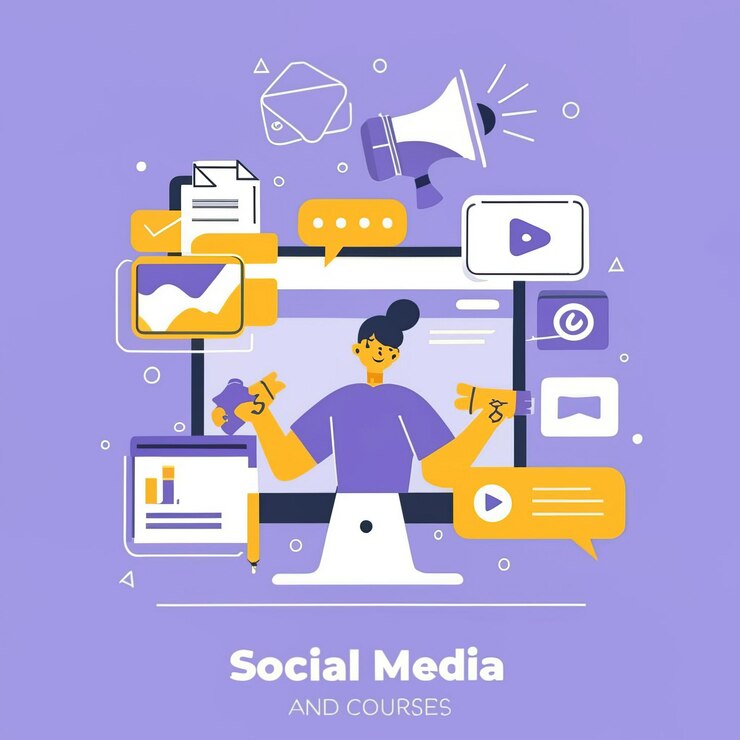 Vecteur une affiche violette avec un homme en chemise violette et divers médias sociaux